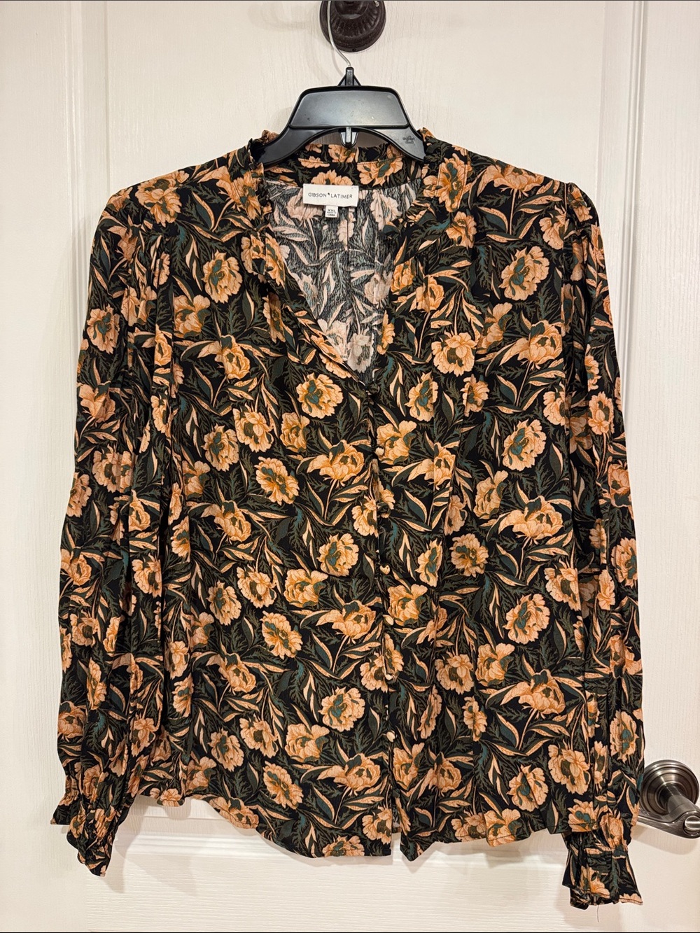 Gibson Latimer Black Blouse with Peach Floral Print